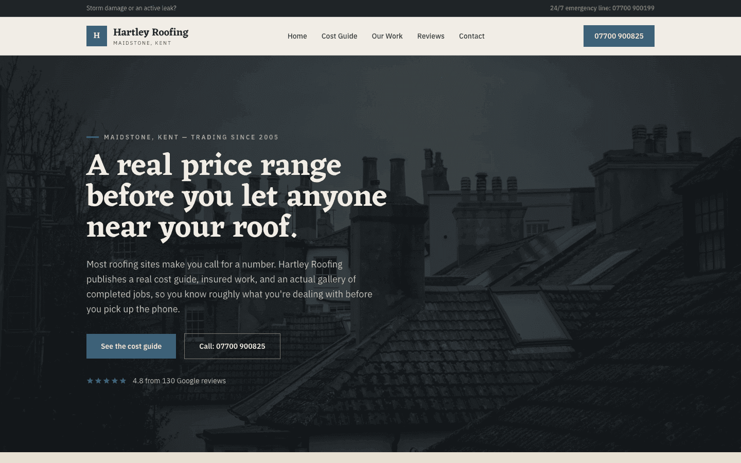 Hartley Roofing website, built by Eight Two Digital