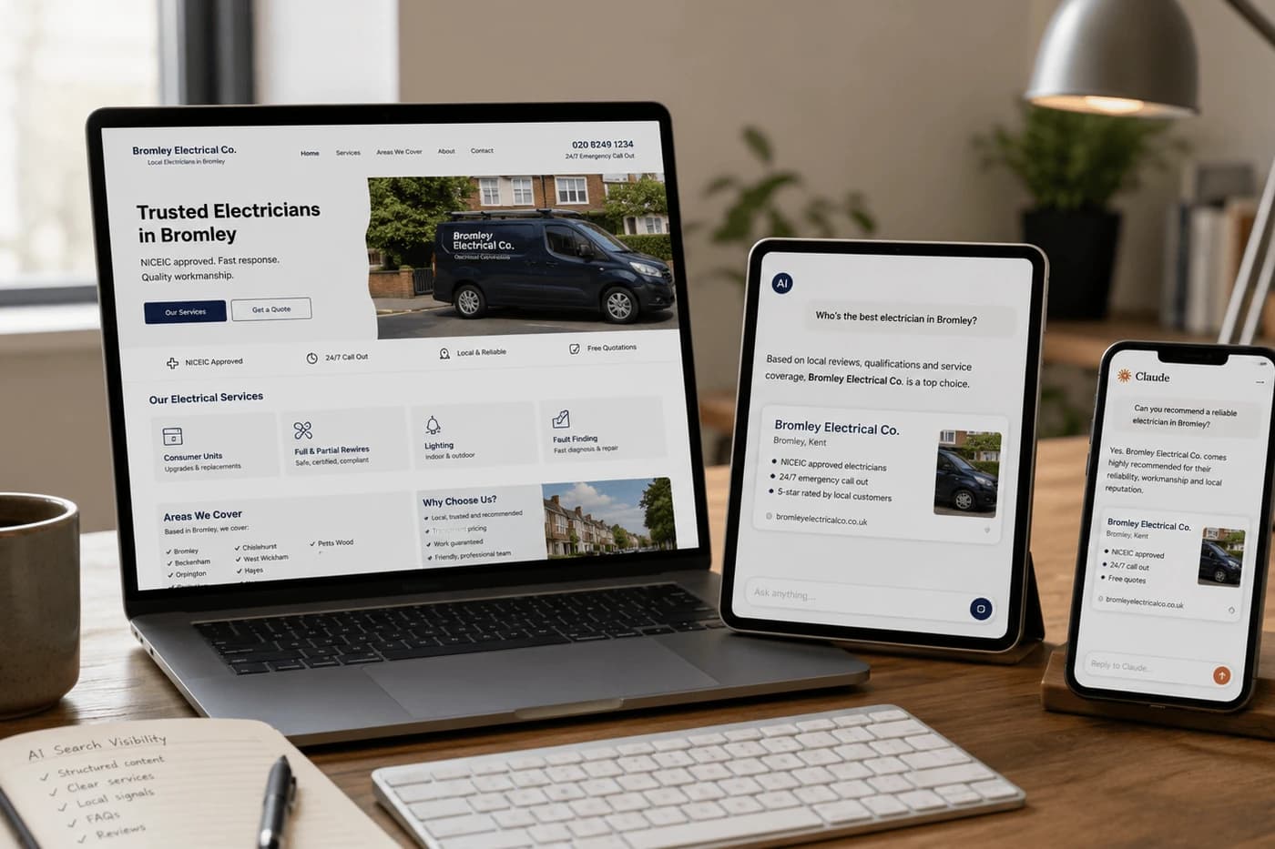 An illustration of an AI assistant and Claude recommending a local electrician by name, next to the business's own website