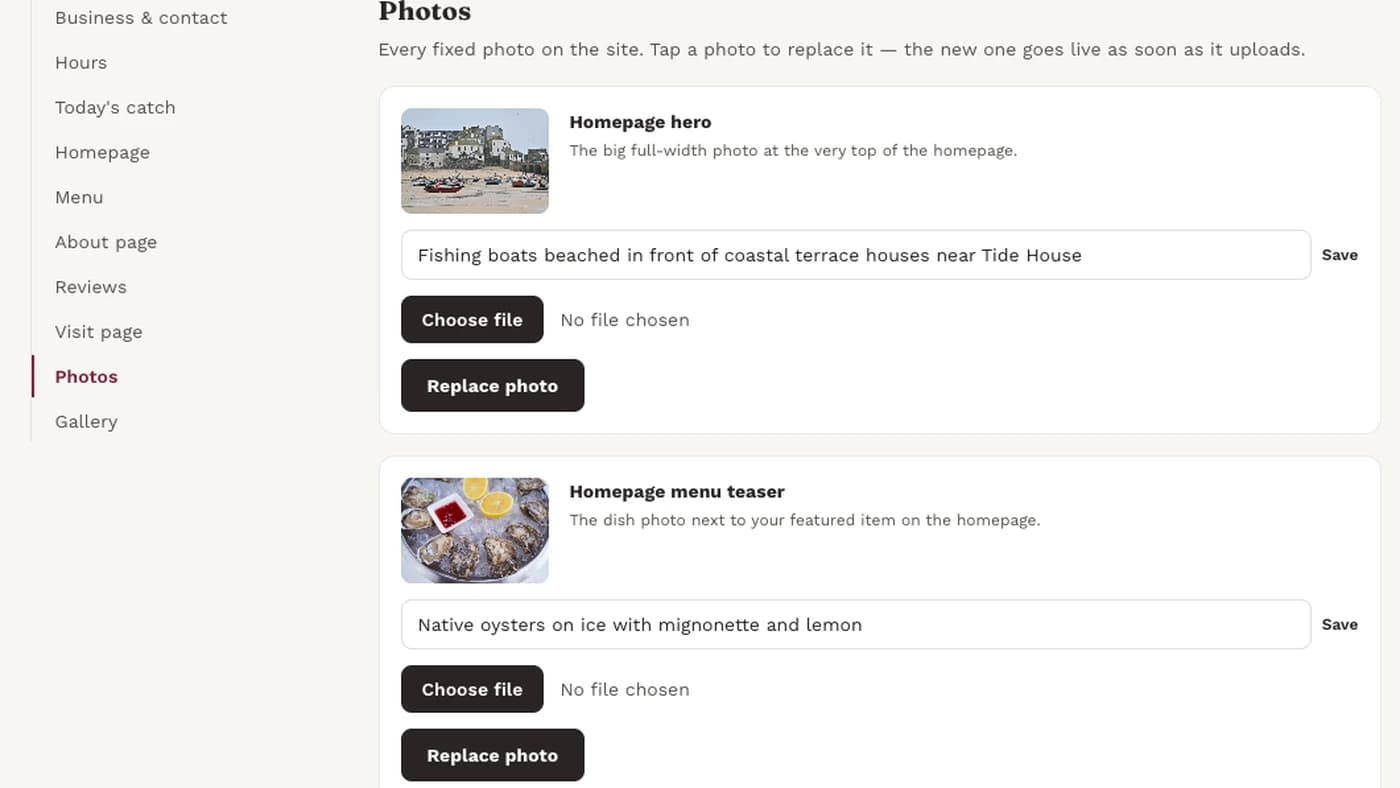 The Tide House CMS Photos screen, where the owner replaces site photos themselves