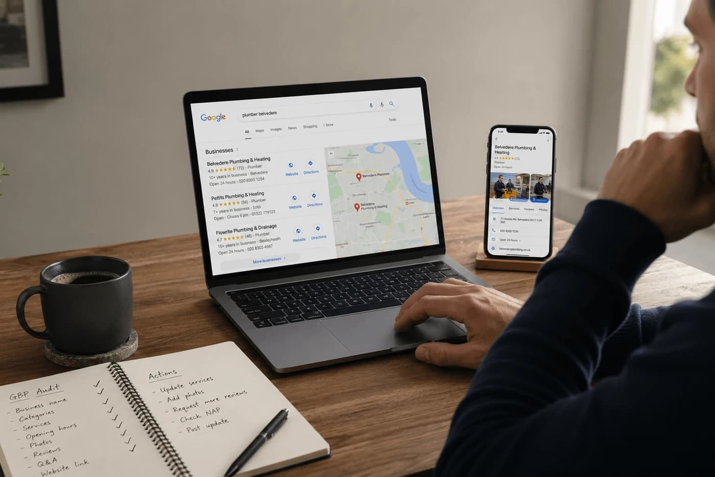 An illustration of a Google search showing three local plumbers in the map pack, next to a Business Profile listing on a phone and a GBP audit checklist