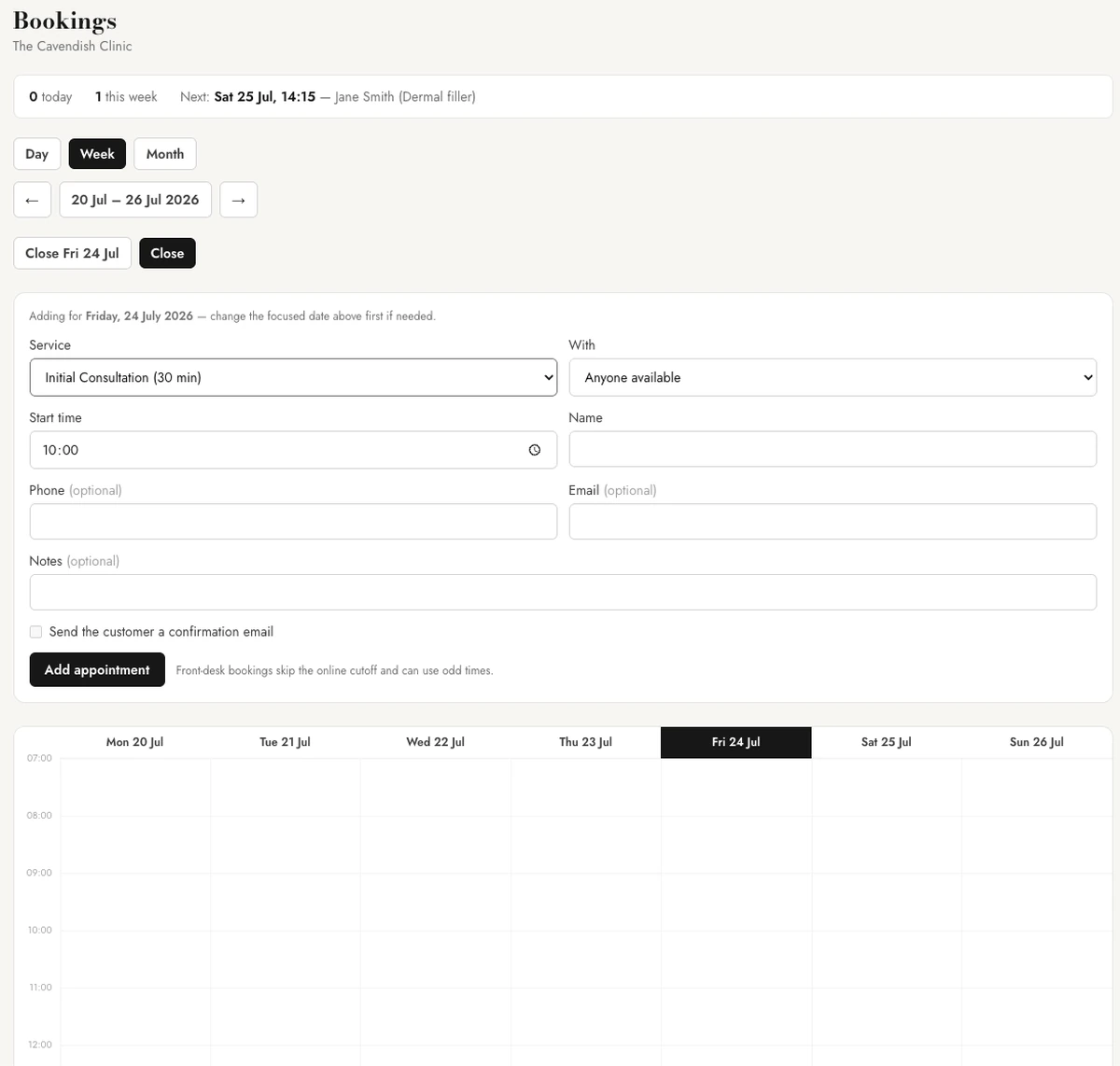 The Cavendish Clinic's booking system, showing staff adding a front-desk appointment