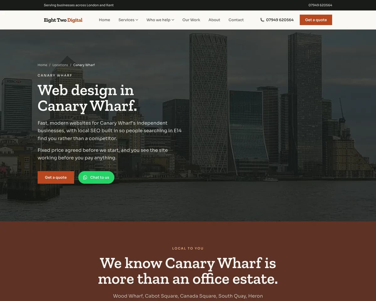 A dedicated Canary Wharf location page, one of the individual town pages built for local search