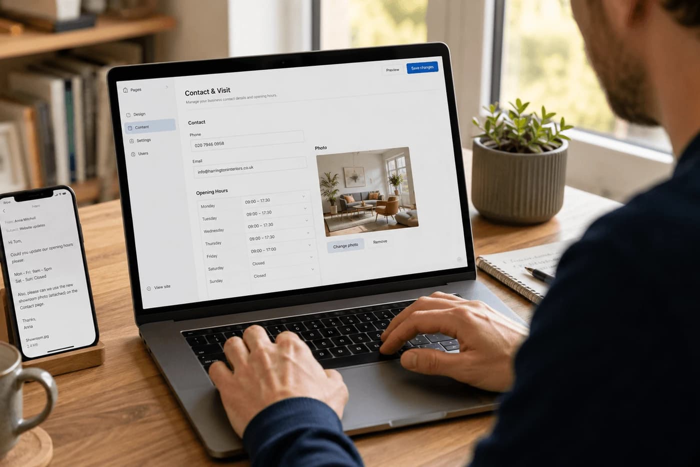 A client's email asking for opening hours and a new photo to be updated on their site, next to the admin panel where the change gets made