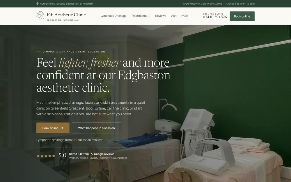 Homepage preview for an Edgbaston aesthetic clinic, showing treatments, Google reviews and online booking