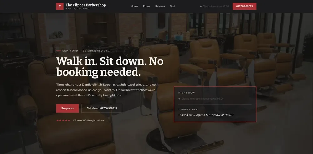 Homepage preview for a walk-in barbershop, showing opening status, prices route and reviews
