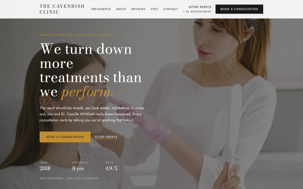 Homepage preview for a doctor-led aesthetic clinic, showing consultation-first booking, credentials and treatment clarity
