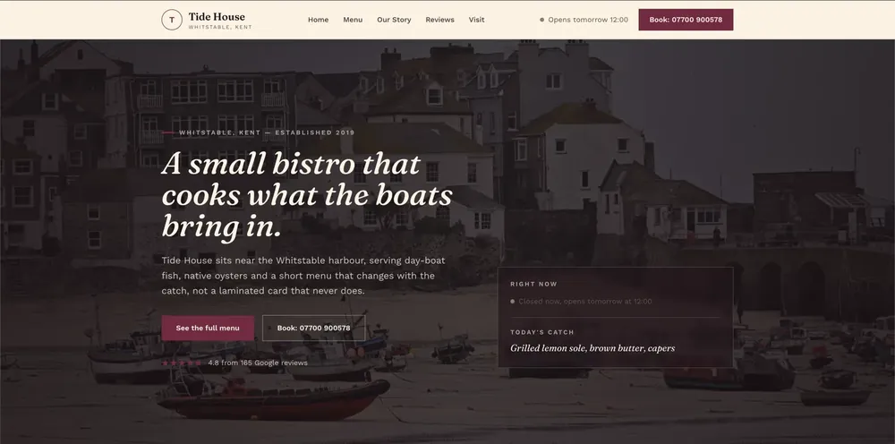 Homepage preview for a coastal restaurant, showing the daily catch, menu route and booking details