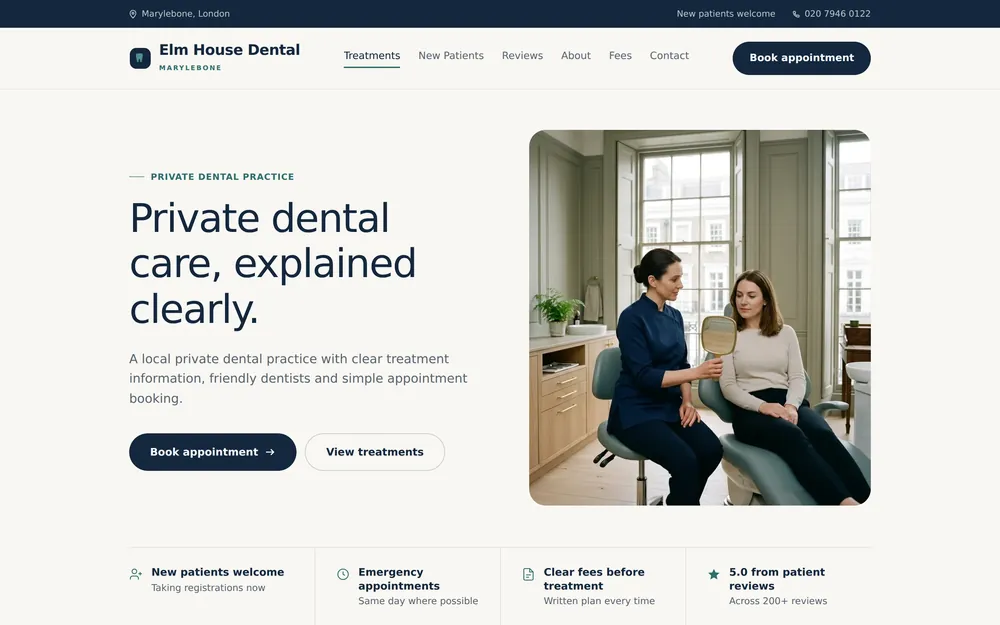 Homepage preview for a private dental practice, showing treatments, fees, reviews and appointment booking