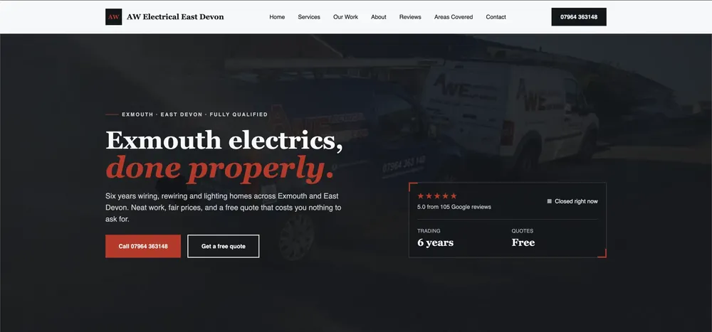 Homepage preview for a local electrician, showing service area, reviews, call button and quote route