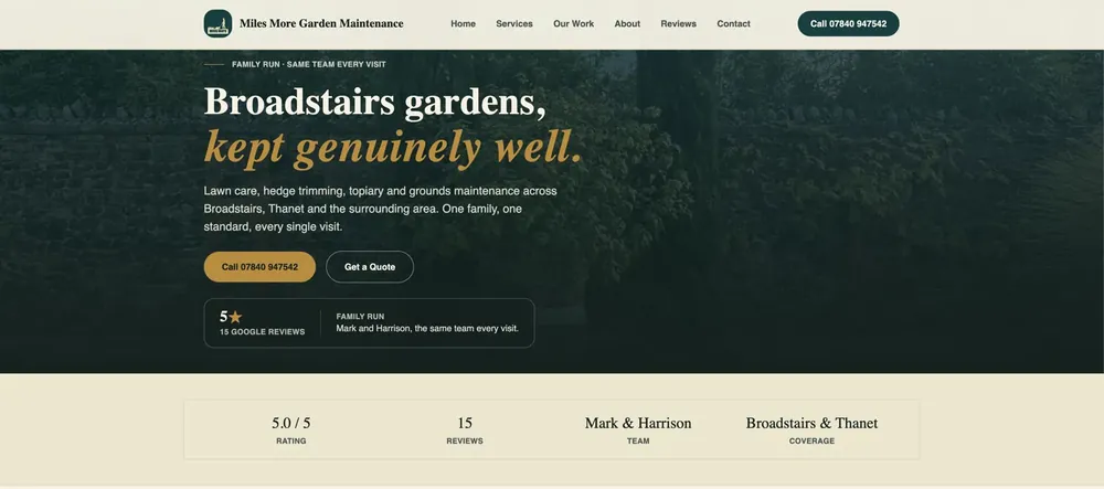 Homepage preview for a garden services business, showing services, coverage area, reviews and quote route