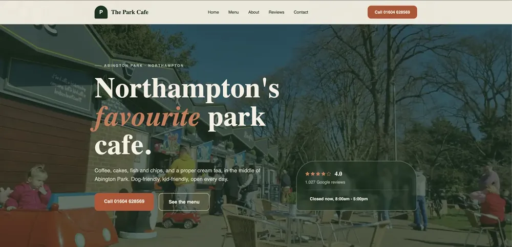 Homepage preview for a park cafe, showing location, menu route, reviews and opening times