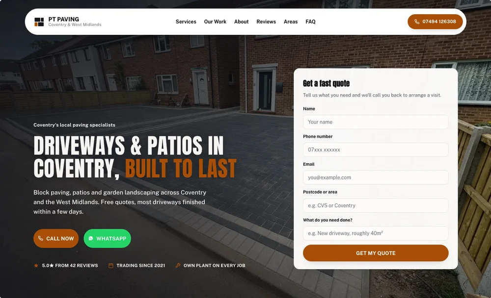 Homepage preview for a Coventry paving business, showing driveways and patios, finished job photography, reviews and a fast quote form