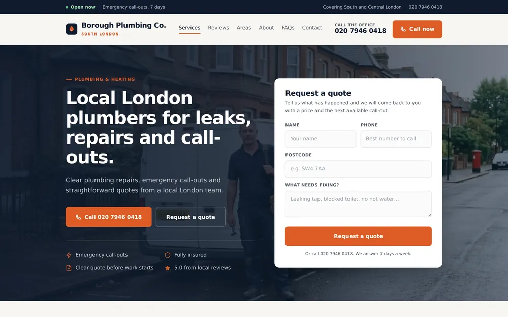 Homepage preview for a London plumbing business, showing emergency call-outs, a quote form and service area