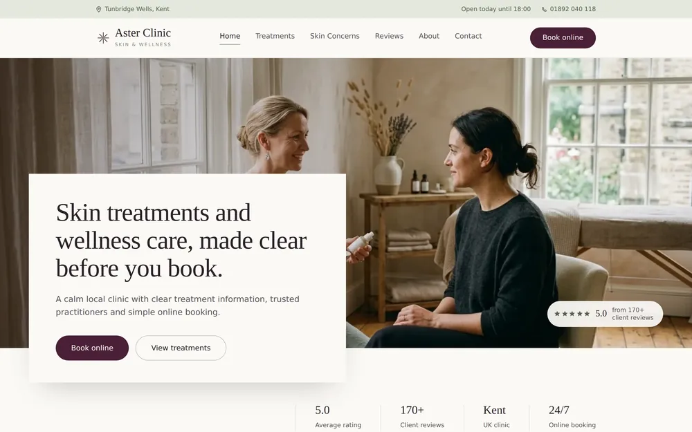 Homepage preview for a skin and wellness clinic, showing treatments, trust signals and online booking