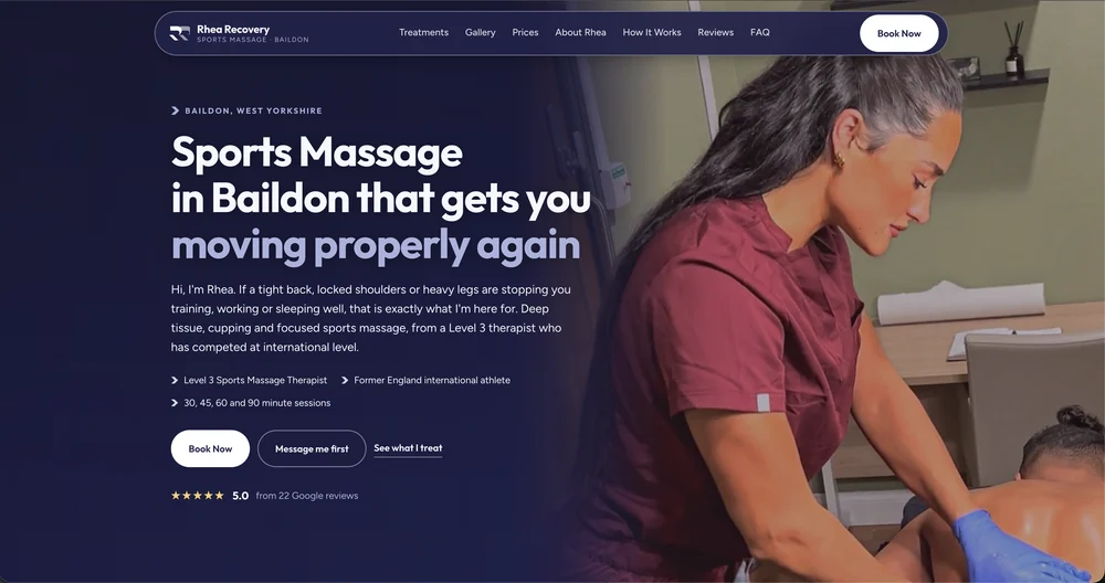 Homepage preview for a Baildon sports massage therapist, showing treatments, session lengths, Google reviews and online booking