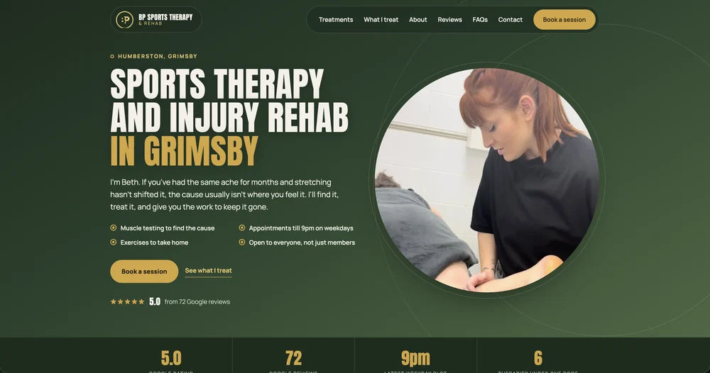 Homepage preview for a Grimsby sports therapy and injury rehab clinic, showing assessment, evening appointments, Google reviews and booking