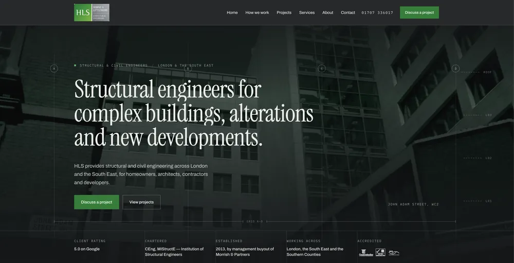 Homepage preview for a structural engineering firm, showing services, chartered credentials and project proof