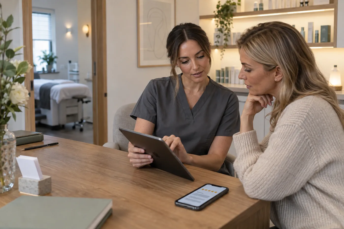 A clinic practitioner showing treatment options on a tablet while a client checks Google reviews on a phone in a modern treatment clinic