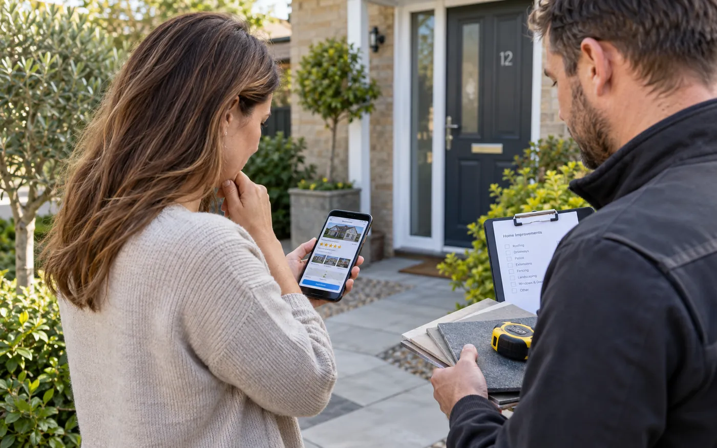 A homeowner checking a company's Google reviews on her phone while a fitter goes through home improvement options on a clipboard