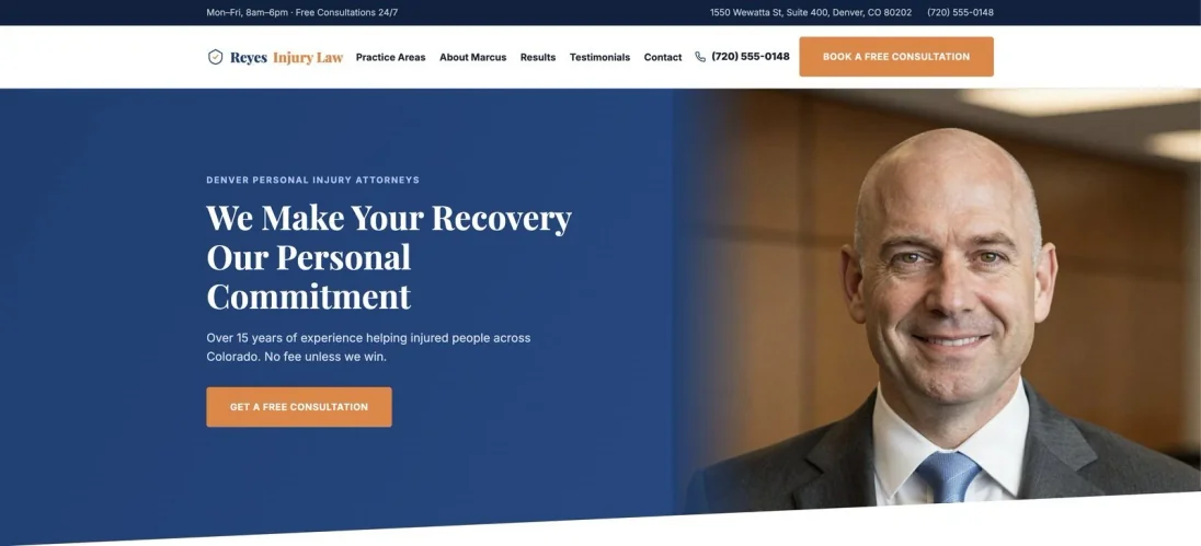 Reyes Injury Law personal injury attorney website preview built by Eight Two Digital