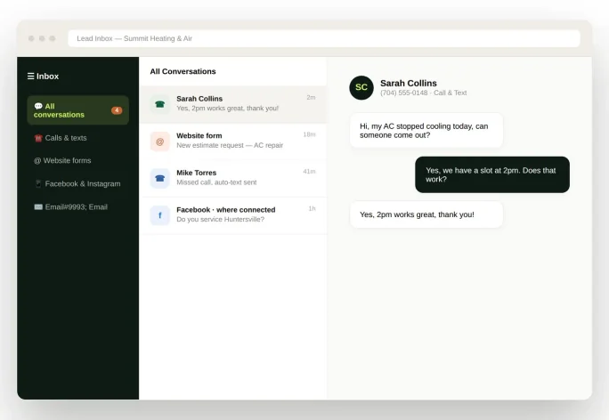 All-in-one inbox showing calls, texts, website forms and Facebook messages in one place