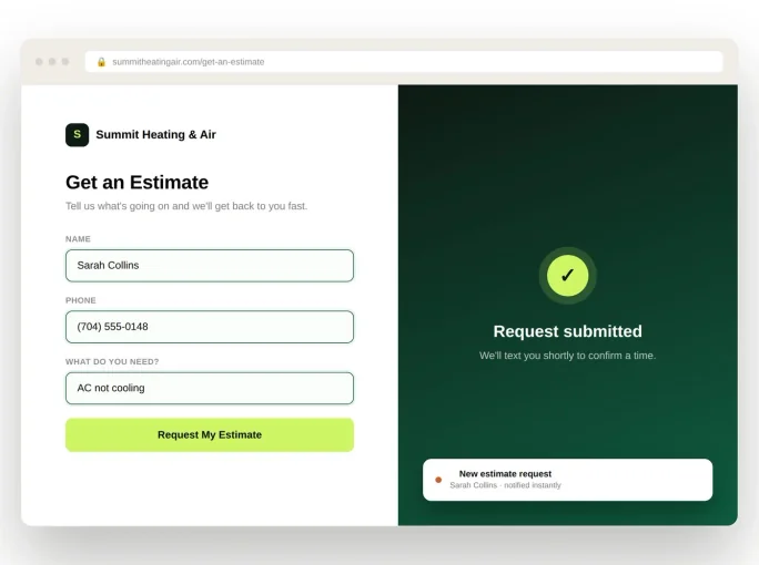 Estimate request form submitted on a website, with instant confirmation and business notification