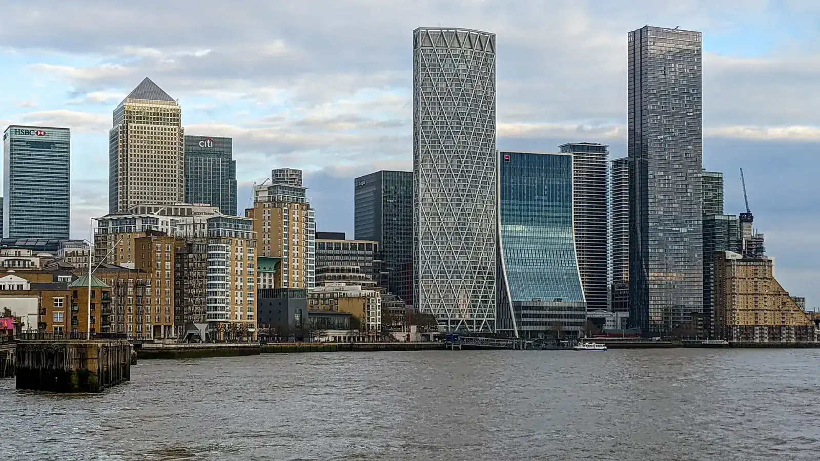 The Canary Wharf towers seen across the Thames from the entrance to Limehouse Basin
