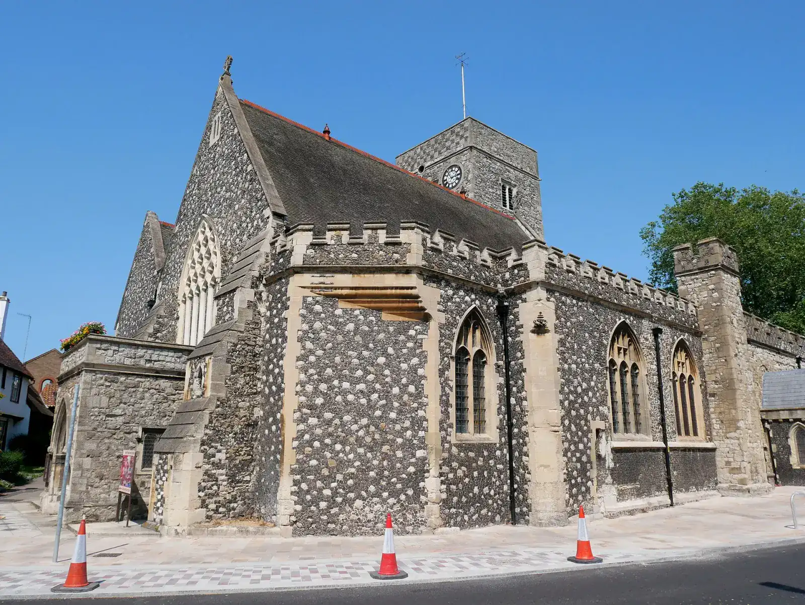 The flint tower and south-west corner of Holy Trinity Church in Dartford