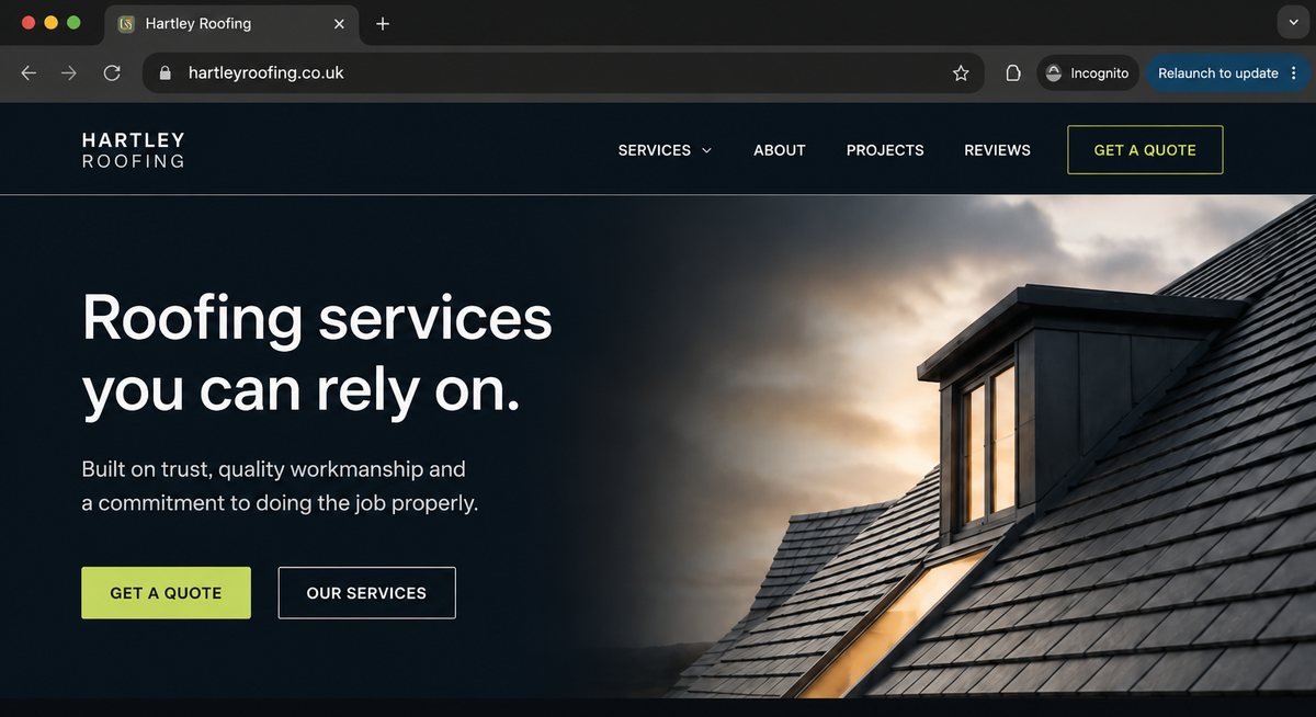 Screenshot of a roofing website we designed, shown in a browser