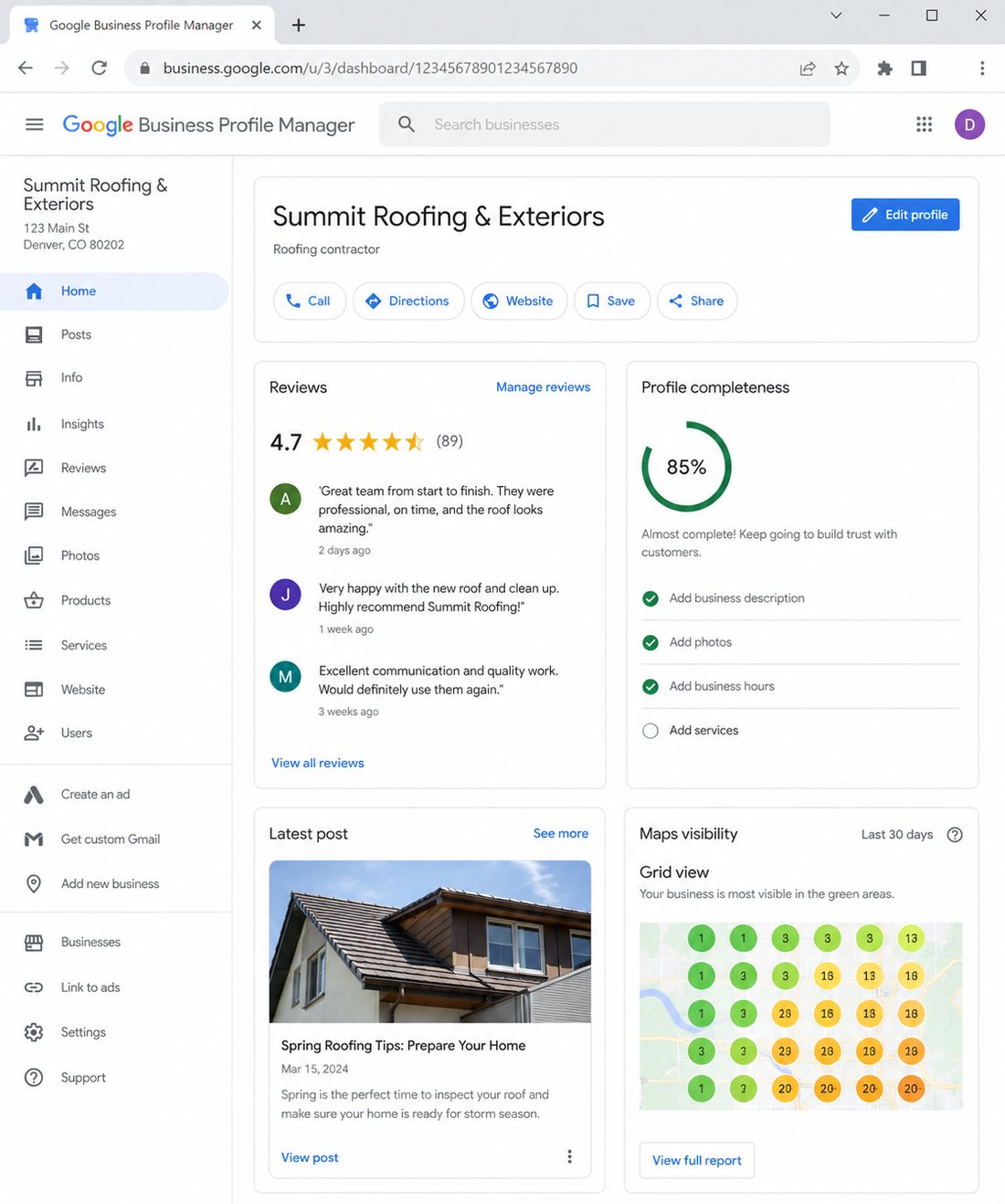 Google Business Profile Manager showing reviews, posts, profile completeness and Maps visibility
