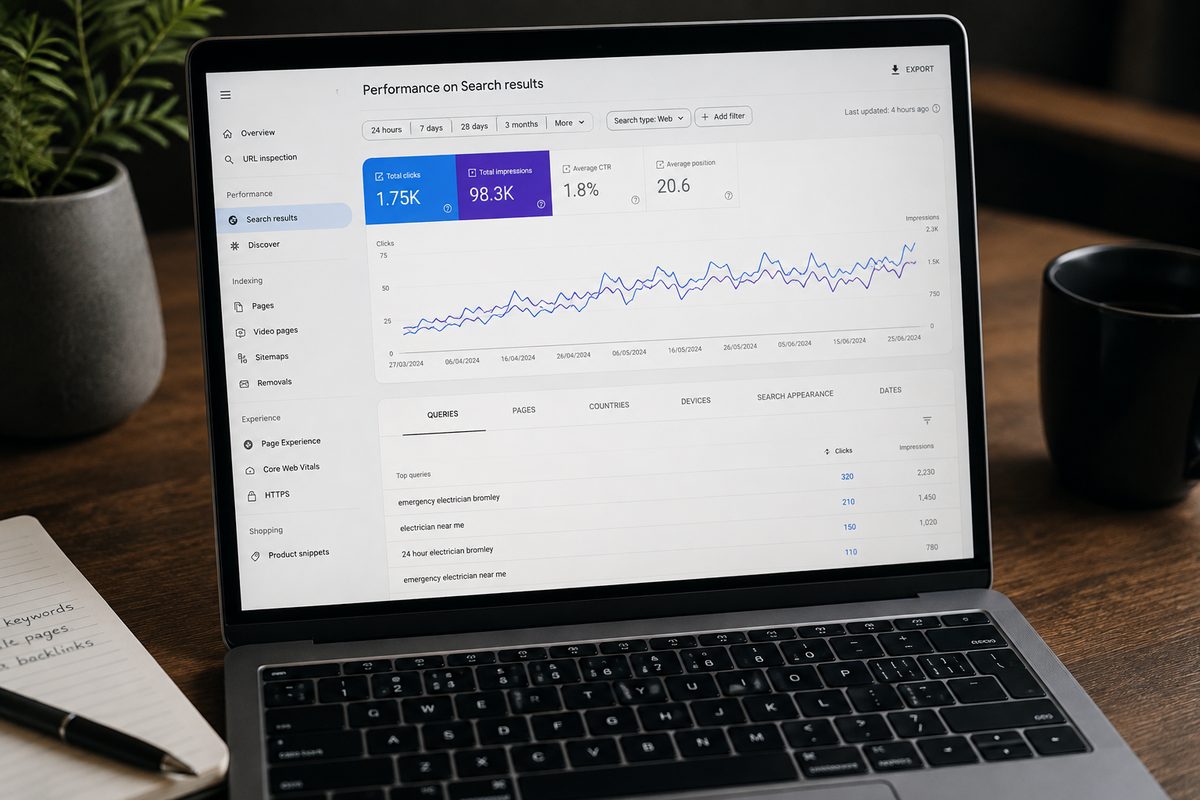 Search Console performance view open on a laptop