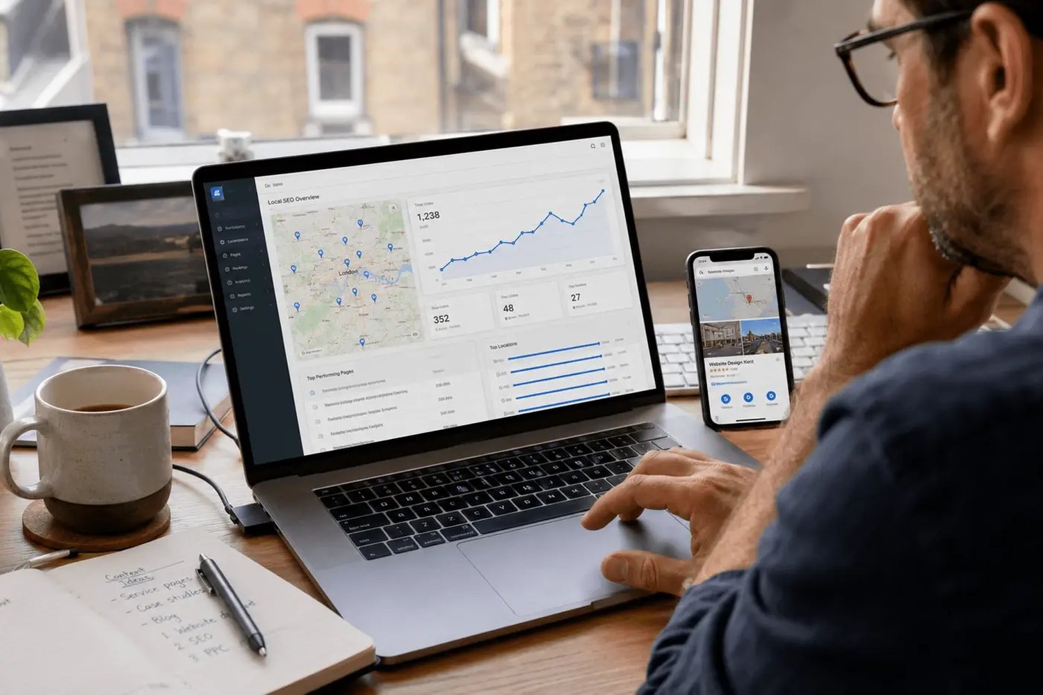 A local SEO performance overview open on a laptop, with local search results on a phone alongside