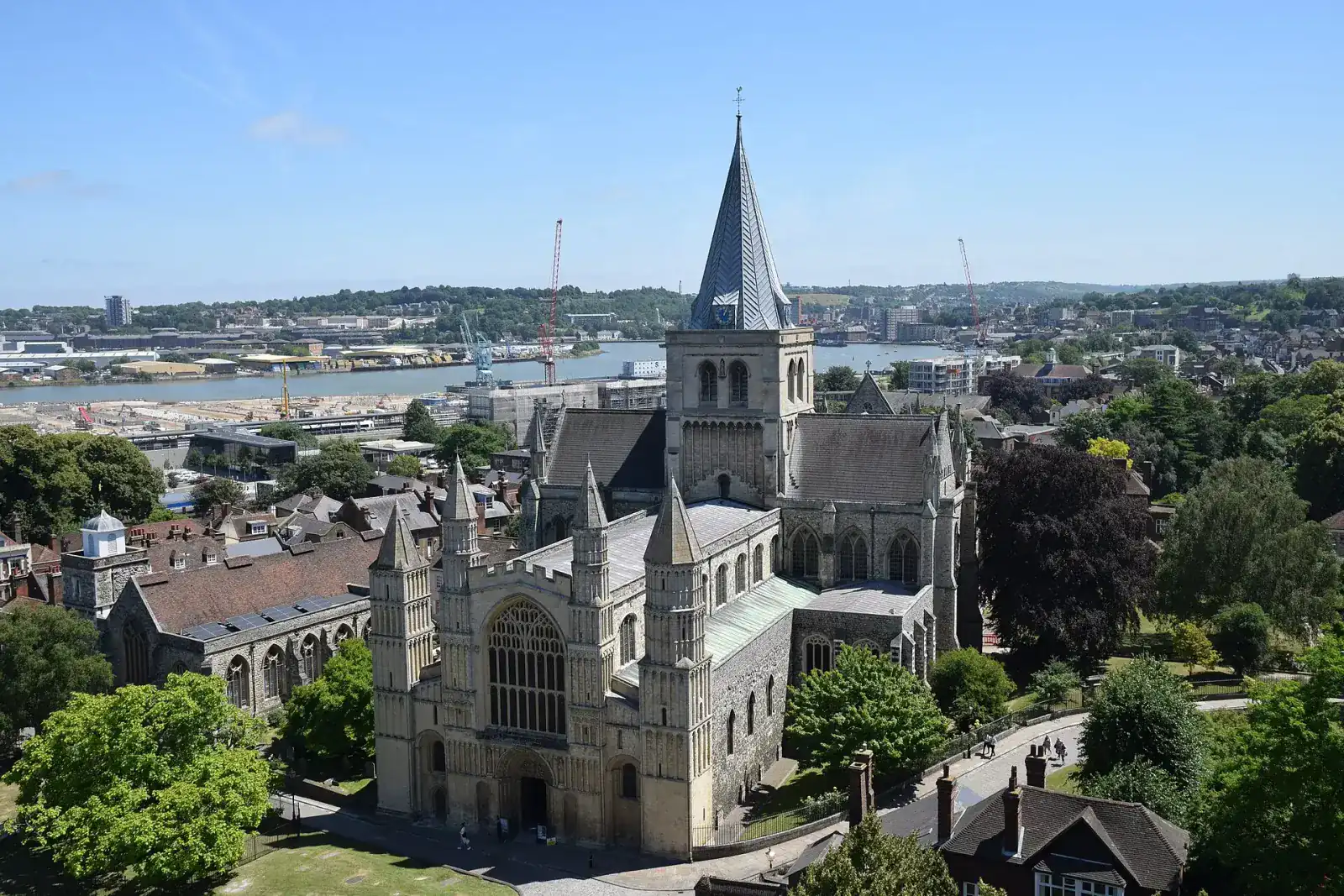 Rochester Cathedral seen from above, with the River Medway behind it