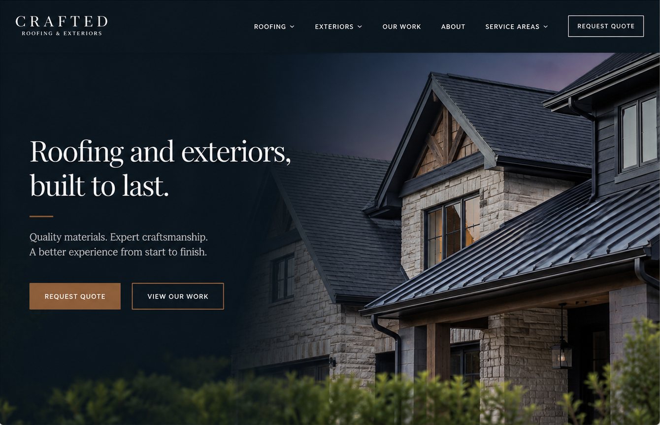 Roofing website preview shown on desktop