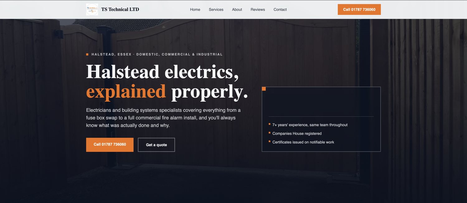Website preview for an electrical services business, shown on desktop