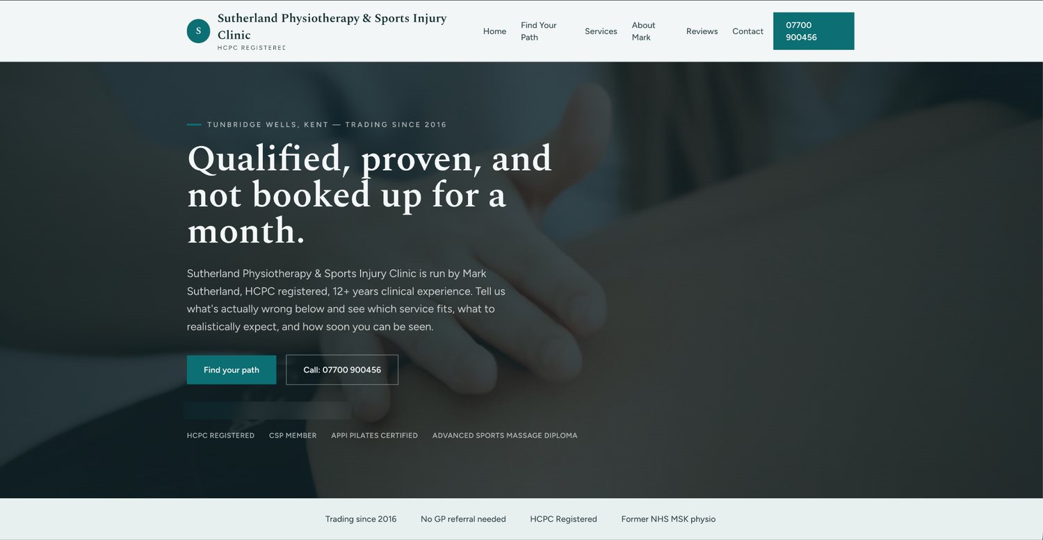 Physiotherapy clinic website preview shown on desktop