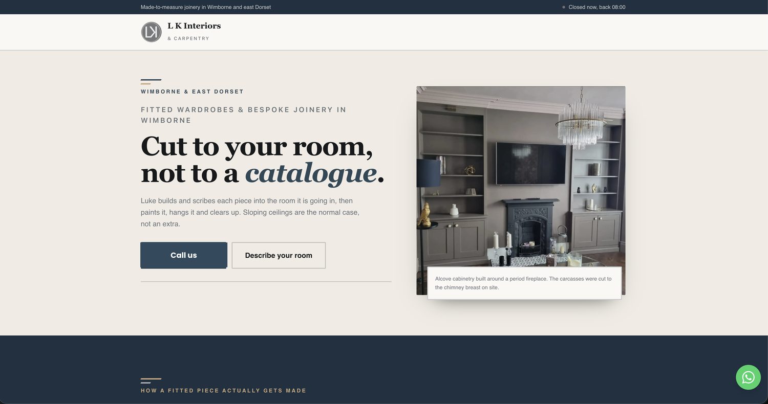 Fitted joinery website preview shown on desktop