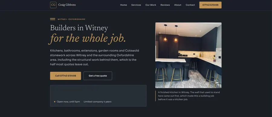 Website preview for a building and home improvements business, shown on desktop