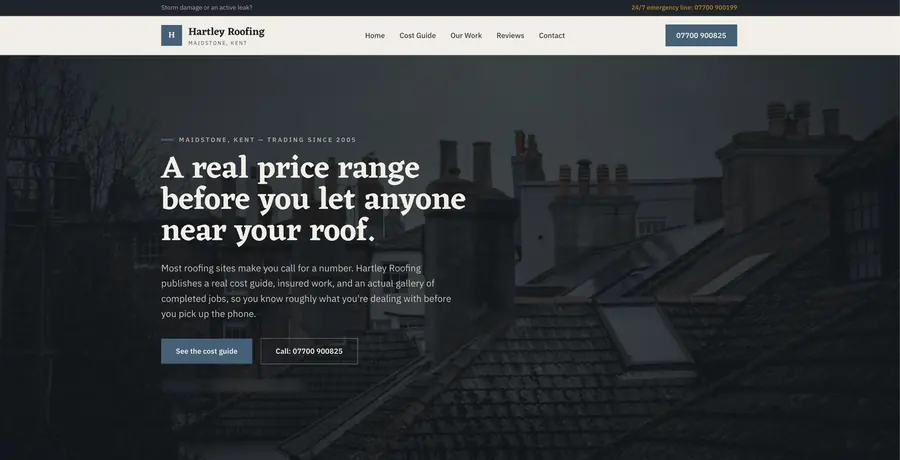 Website preview for a roofing business, shown on desktop