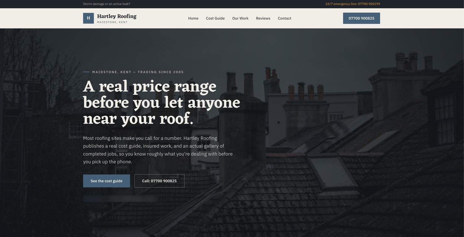 Roofing website preview shown on desktop