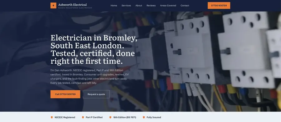 Website preview for an electrical contractor, shown on desktop
