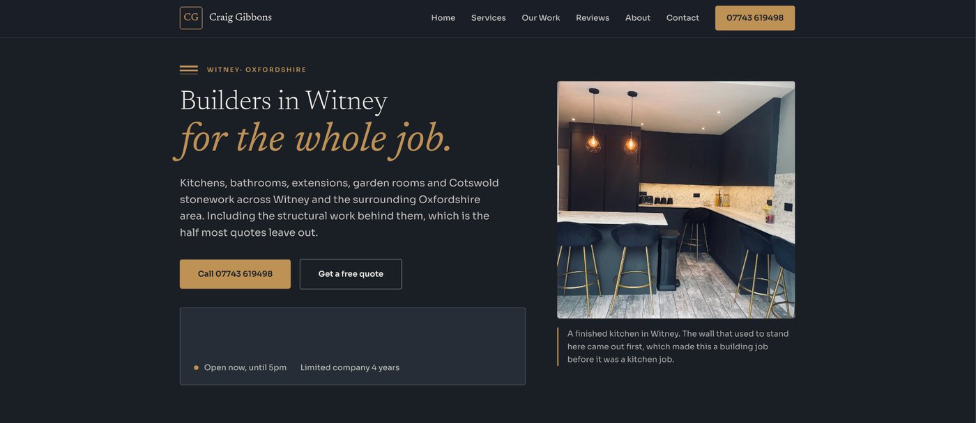 Website preview for a builder and home improvements business, shown on desktop