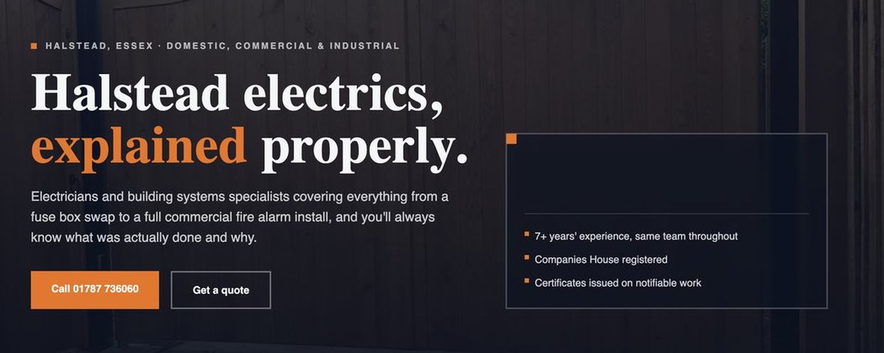 Trade website preview showing experience, registration and a clear route to call or ask for a quote