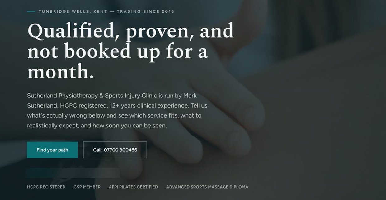 Clinic website preview showing the practitioner, qualifications and a booking route