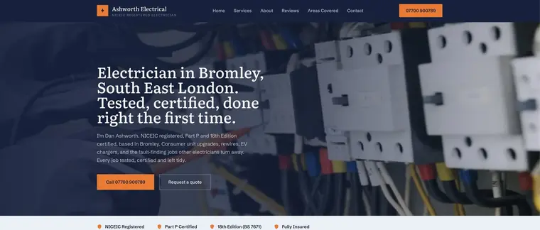 Website preview for an electrical contractor, shown on desktop